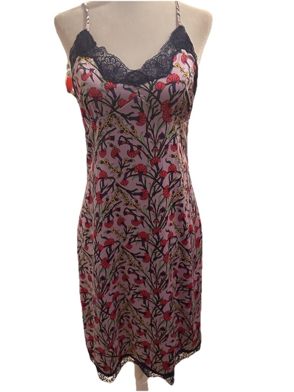 Vintage Y2K 90s Lavender Floral Slip Dress Satin Feel Lace Trim Side Zip Size 6